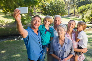 Happy family taking a selfie in the park on a sunny day